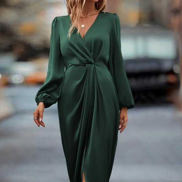 . Dresses & Skirts - Dark Green Preppy Womens Satin Dress